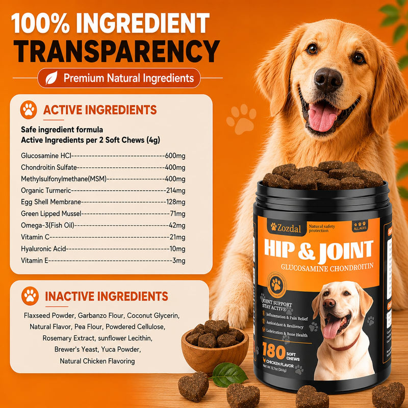 Dog Hip & Joint Supplement, 180 Chicken Chews - Glucosamine Chondroitin MSM Turmeric for Large Breed & Senior Dogs 180 Count