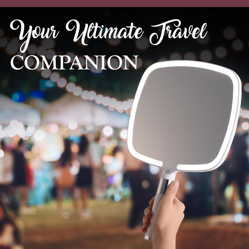 MIRRORVANA Lighted Travel Hand Mirror with Comfy Handle and Detachable Stand - Portable, Thin and Lightweight Design - Rechargeable with 3 LED Light Settings - 9" x 13" (White) White