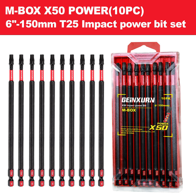 10 Pieces 6 In. T25 Impact Tough Magnetic Screwdriver Bit Set, #25 Torx Head Power Bits, S2 Alloy Steel Star Bits with Storage M-Box 6"-10pcs