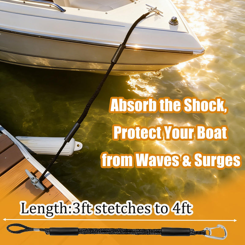 Bungee Dock Lines (3 FT) – Heavy Duty Shock Absorbing Mooring Ropes for Boats, Elastic Boat Tie Downs with 316 Stainless Steel Clip for Pontoon, Kayak, Sea-Doo and More– Marine Grade Boat Accessories Black