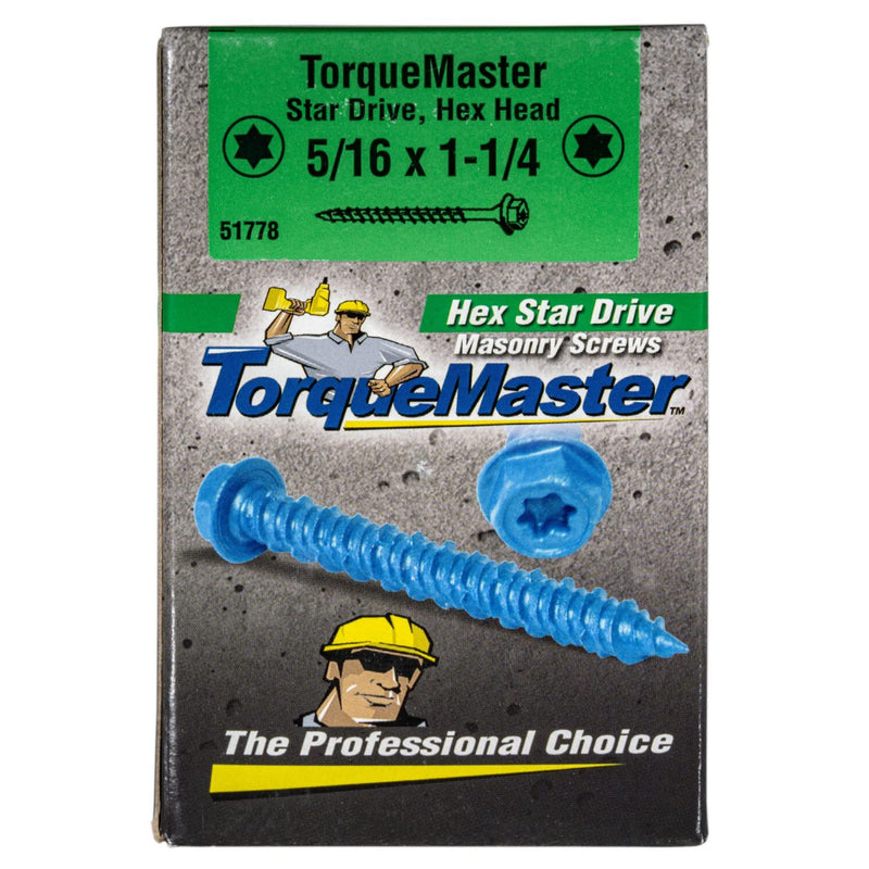 5/16" x 1-3/4" TorqueMaster Star Drive Hex Washer Head Masonry Screws, 50 Pieces, Concrete Screws, Rust Resistance, High Strength Durable Alloy Steel, Driver Bit & Masonry Drill Bit Included