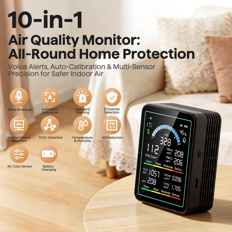 Air Quality Monitor Indoor, 10 in 1 Portable Smart Air Quality Tester for CO2 | TVOC | HCHO | Temp | AQI | PM0.3-1 Detection Suitable for Home, Cars, Plants, Pets and Hotels -Black Black