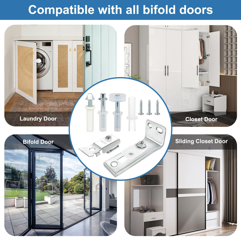 Bifold Door Hardware Repair Kit - 2 Pack with Parts for Bifold, Sliding, Closet, Pocket, Barn Doors Top & Bottom Brackets, 3/8" Pivot, 7/8" - 1" Guide Wheels Fits Common Track