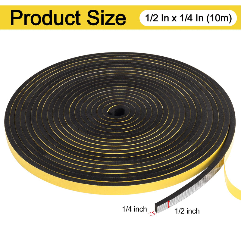 Weather Stripping Door Seal Strip,Black Weatherproof Foam Tape Insulation for Sliding Door, Front Door Frame, Windows (1/2 in x 1/4 in x 32.8Ft) 1/2Inx1/4Inx32.8Ft Black