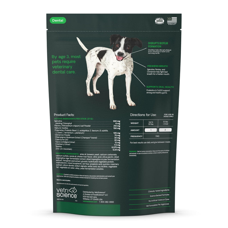 VetriScience Healthy Mouth Dental Chews, Perio Plus Sticks for Dogs, with Probiotics, Spirulina & Zeolites, Breath Freshening, Plaque & Tartar Control, Chicken, 30 Count 30 Chews