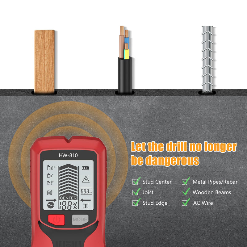 Stud Finder Wall Scanner - Electronic Stud Detector with Upgraded Smart Sensor, Audio Alarm and HD LCD Display for The Center and Edge of Wood, AC Wire, Metal and Studs Detection Red