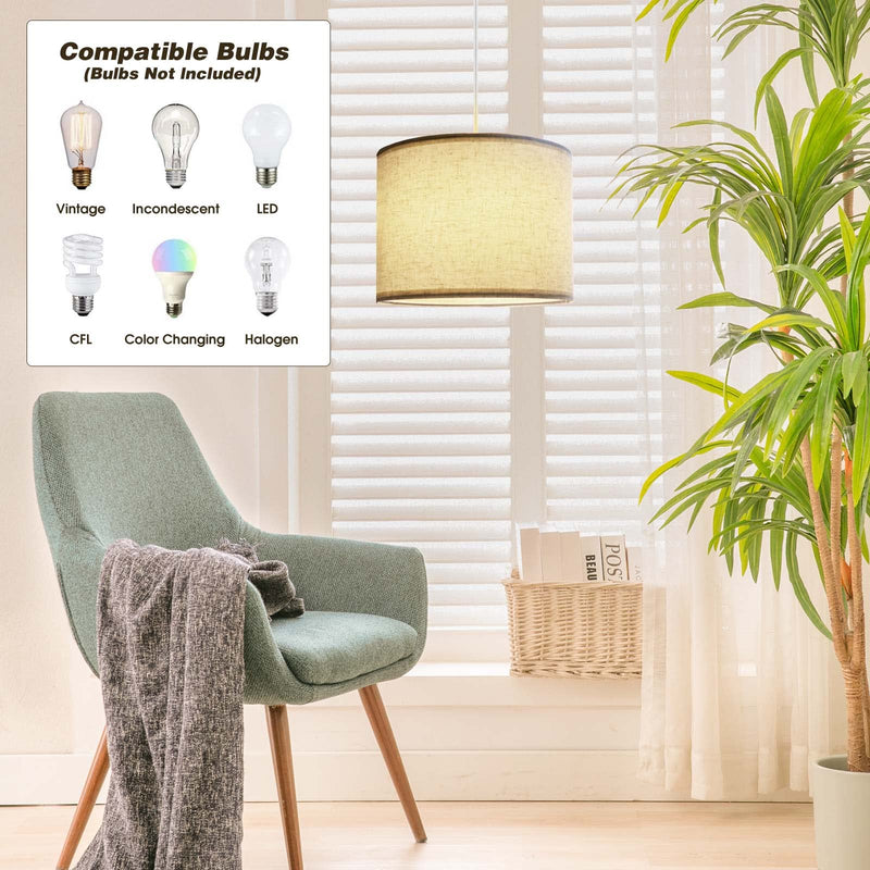 Plug in Pendant Light, 15 FT Hanging Lamp with Plug in Cord, On/Off Switch, Pendant Lighting with Fabric Shade, Hanging Light Fixture for Living Room, Bedroom, Dining Room, Kitchen (Beige) Beige