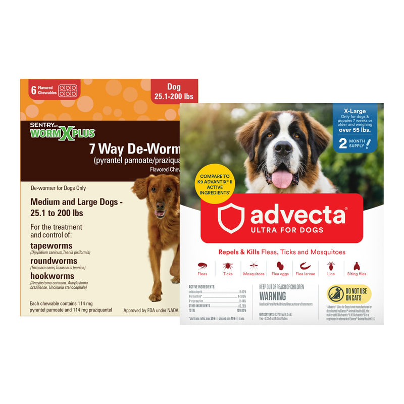 WORM X PLUS 7 Way DeWormer for Large Dogs Over 25 lbs (6 Count) + ADVECTA Flea and Tick Prevention for XL Dogs Over 55 lbs (2 Count) Bundle