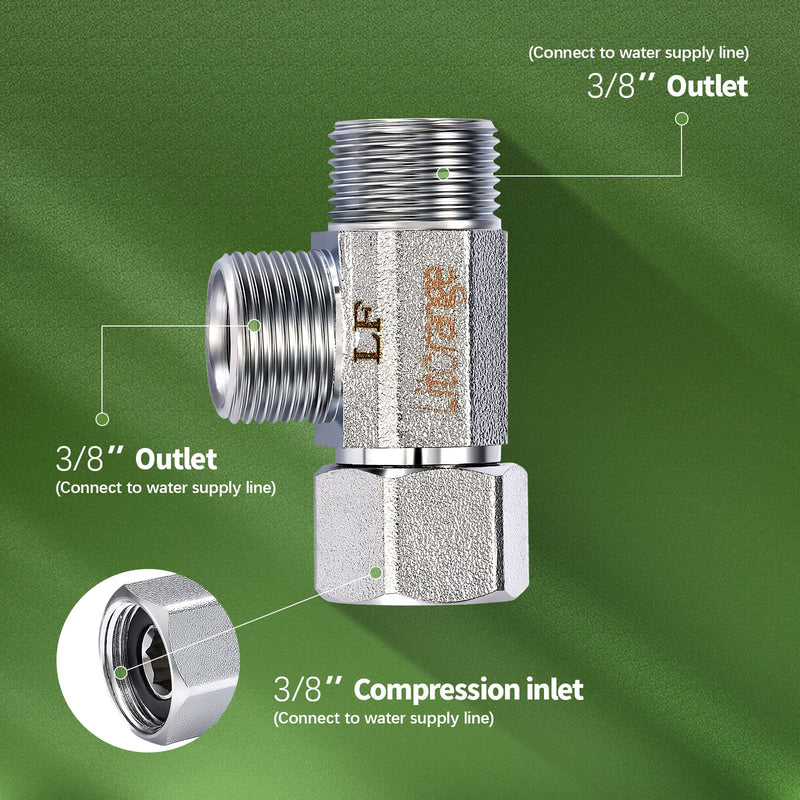 Lead-Free Brass 2 PCS Brass Angle Stop Add-A-Tee Valve 3/8" Compression Inlet by 3/8" Compression Outlet by 3/8 Inch Compression Outlet Easy Connect Tee 3/8 Add-A-Tee Chormed