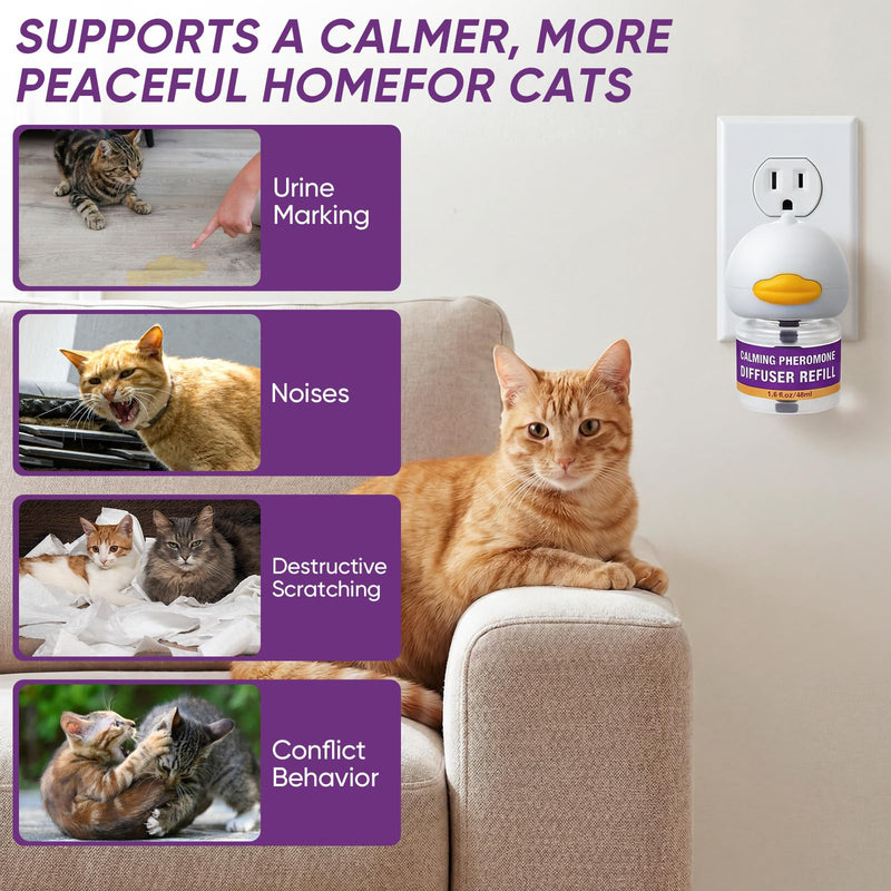 Cat Calming Pheromone Diffuser Kit, 2 Plug-Ins + 4 Refills (48ml Each),Long-Lasting Stress & Anxiety Relief, Reduces Fighting, Spraying & Scratching, Safe & Drug-Free Comfort for All Cats and Kittens Purple