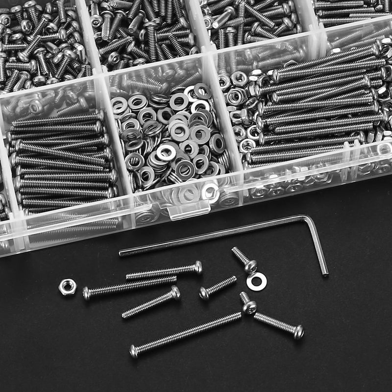 1110 Pcs M2 Screws Kit, M2 Machine Screws and Nuts and Washers Set, Assorted Stainless Steel Button Head Socket Cap Screws Nuts and Bolts Assortment Kit, Metric Screw Assortment, Fully Threaded 1110