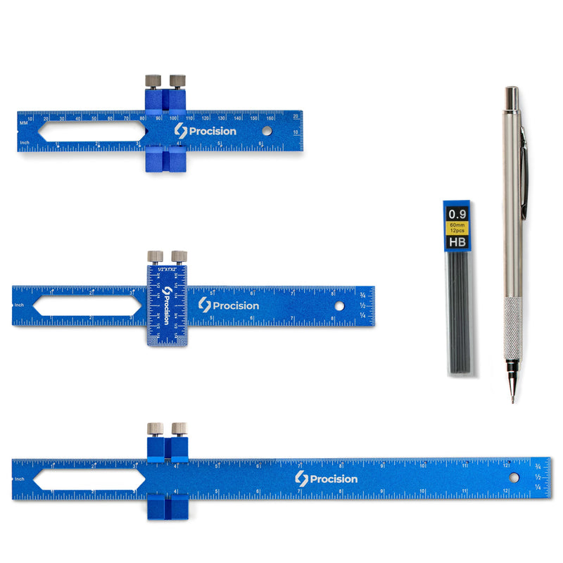 Procision Woodworking Ruler, Set of 3 (12, 8, 6 Inch), Precise Woodworking Pocket Ruler with Extra Wide 2" Sliding Attachment, Slide Rule T-Type Scribing Ruler Square Ruler Plus Mechanical Pencil