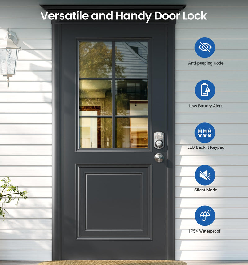 Veise Keyless Entry Door Lock with 2 Knobs, Electronic Backlit Keypad Deadbolt with Handle Set, Auto Lock, One-time Codes, Smart Deadbolt for Front Door, Easy Installation, Satin Nickel Knob