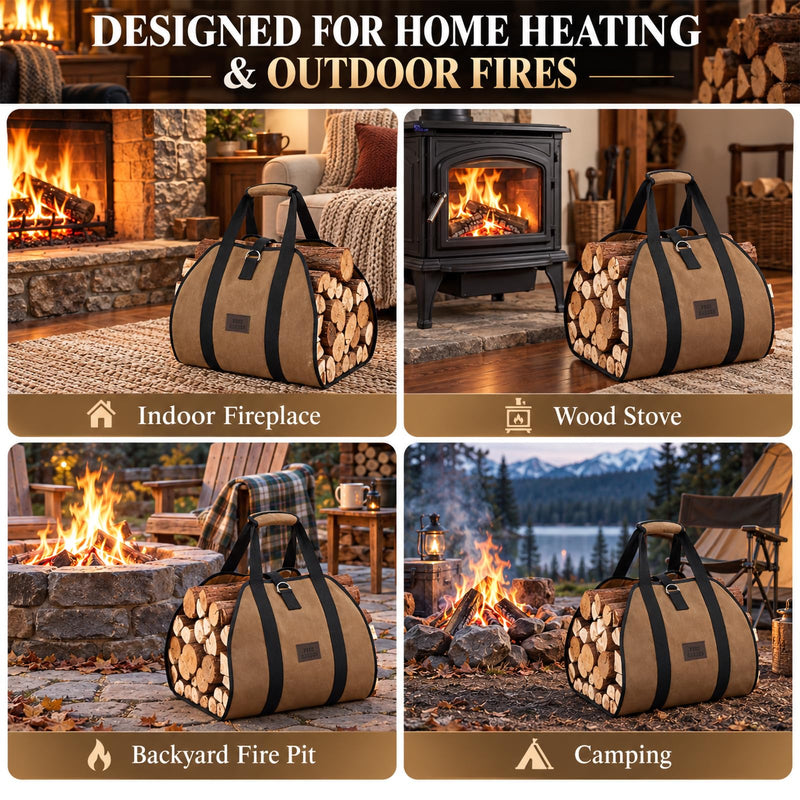 FEED GARDEN Firewood Carrier Bag Heavy Duty Waxed Canvas Log Carrier for Firewood Large Log Tote Fire Wood Carrying Bag with Handles for Easy Transport Carrying and Wood Stove Accessories Brown