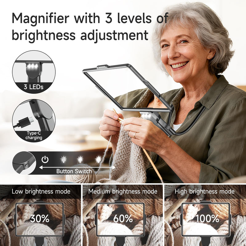 Large 5X Rechargeable Magnifying Glass with Lights, Hands Free Neck Wear Magnifier for Reading, Full Page Book Magnifier for Seniors Low Vision Elderly (Grey) Gray