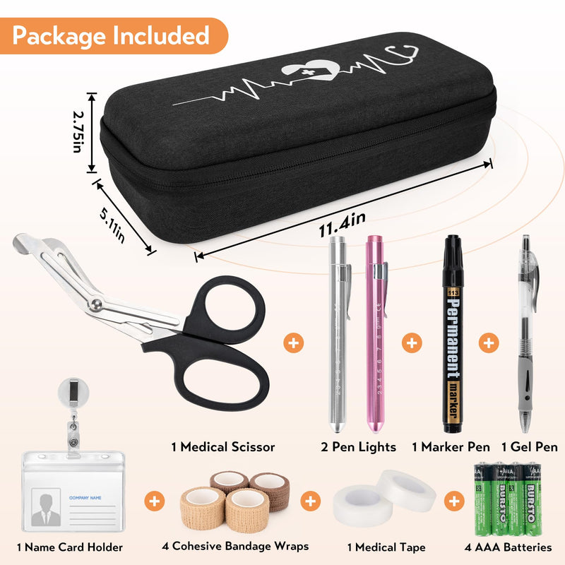SMYV 17 pcs Stethoscope Case Kit, Nursing School Essentials Include Stethoscope Case, Medical Scissors, Pen Lights, Bandages, Ideal Gifts for Nurse Student Black with Supplies