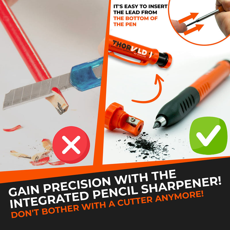 THORVALD New 2-in-1 Carpenter Pencils with Finger Grip for Carpenter (Incl. 7 Leads + Sharpener) Solid Mechanical Pencils with Fine Point/Best Marking tools Construction/Carpenters/Scriber Thorvald Carpenter Pencil + 7 Leads