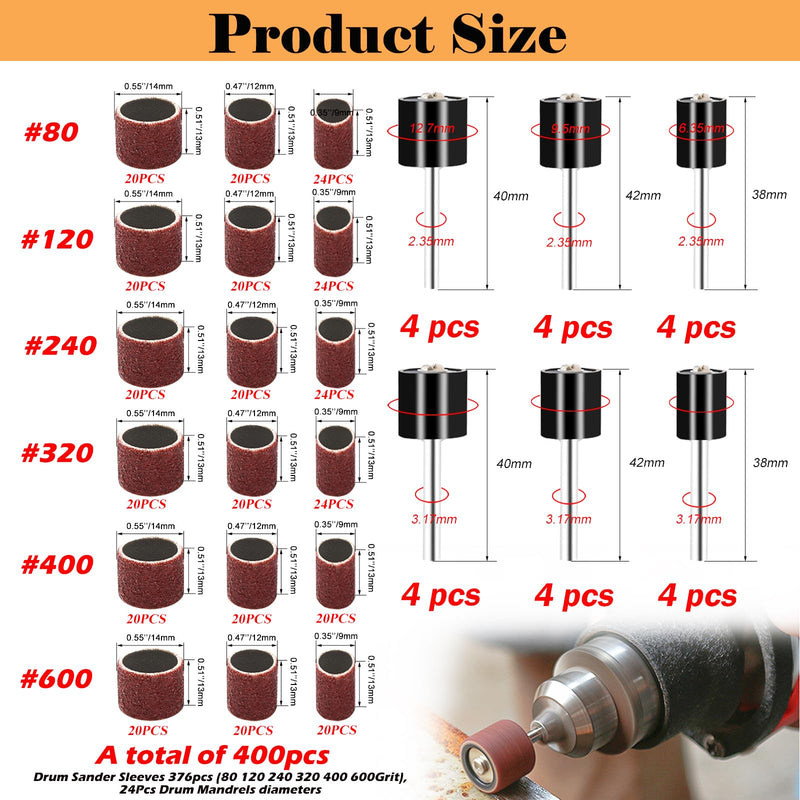 400 Pieces Sanding Drums Kit,Drum Sander Sleeves 376pcs (80 120 240 320 400 600Grit),24Pcs Drum Mandrels diameters,for Dremel Rotary Tool