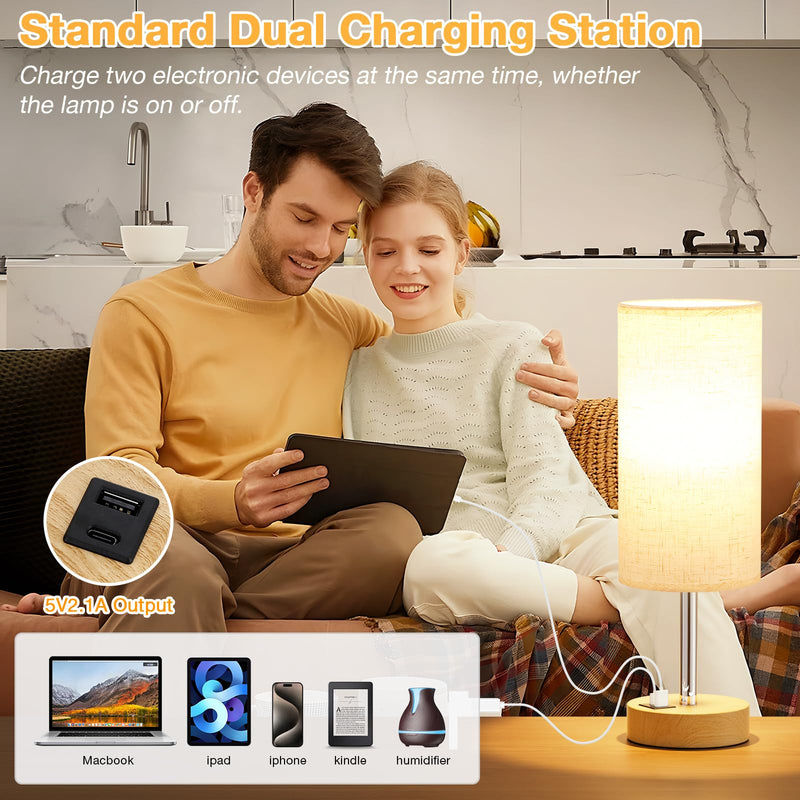 Touch Bedside Table Lamp with USB - 3 Way Dimmable Wood Lamp for Bedroom Nightstand, Desk Lamp with Charging Station for Dorm, Living Room, Office, Kids Room, Nursery, Small Cream & Wooden