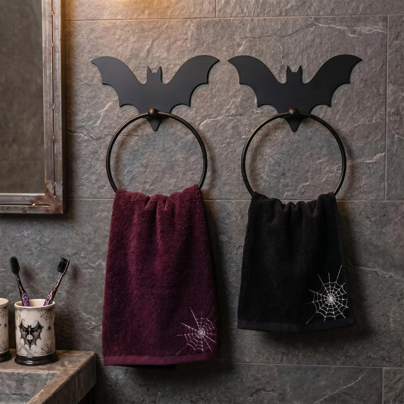 2Pcs Gothic Bat Metal Towel Rings Halloween Towel Holder Oil Rubbed Bath Towels Ring Black Art Hand Towels Rack Gothic Bathroom Decor
