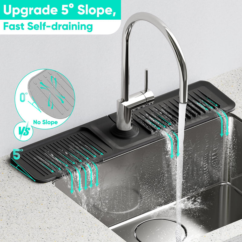 24 Inch Longer Faucet Mat for Kitchen Sink [5°Slope Fast Self-draining]Bathroom Kitchen Sink Splash Guard Silicone Sink Faucet Mat Splash Guard Kitchen Sink Area Tidy Splash Faucet Guard Draining Mat Black 24" x 5.5"