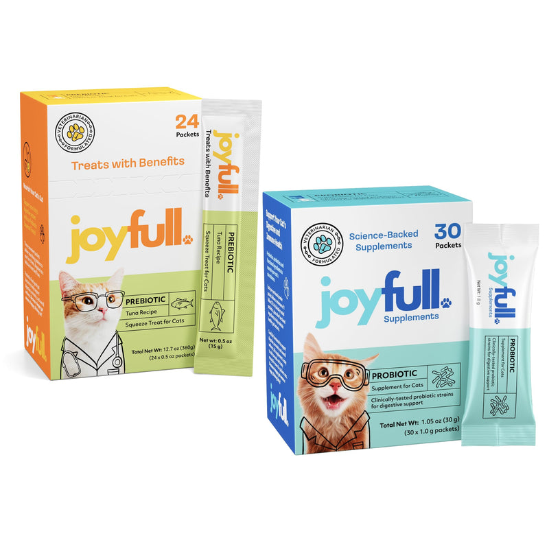 JoyFull Cat Gut Health Bundle: Daily Probiotics (30 Pkts) & Wild-Caught Tuna Squeeze Treats (24 Tubes) – Complete Prebiotic & Probiotic Digestive Support, Diarrhea Relief & Immune Boost