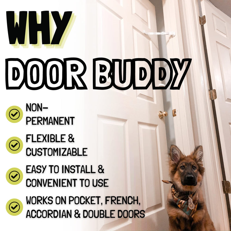 Door Buddy Cat Door Latch & Stopper. Adjustable Dog Proof Door Strap for Cats. Dog Proof Litter Box & Cat Feeder. Simpler Pet Gate Alternative. No Cut Cat Door Interior Door.