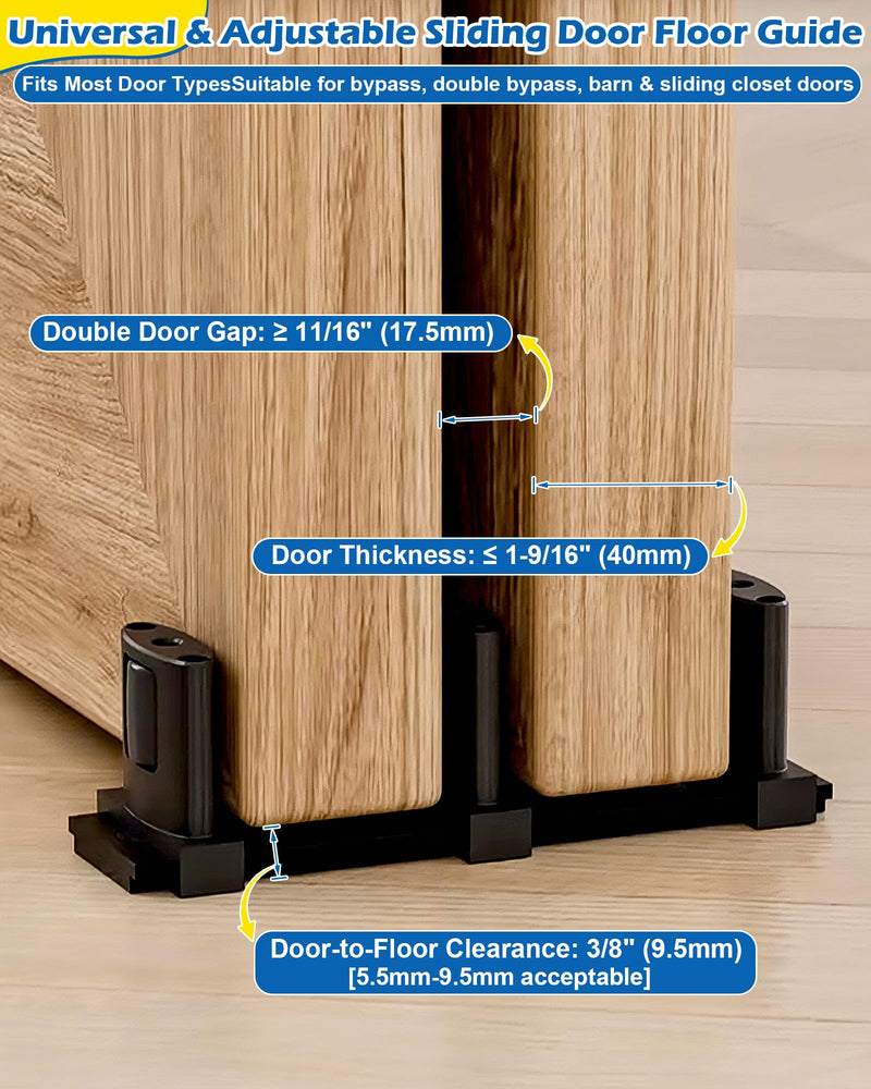 3-Roller Adjustable Sliding Closet Door Floor Guide Upgrade Kit (2 Pack), Black Bottom Mount for Bypass, Double Bypass & Barn Doors 3-Roller Guide - 2 Pack