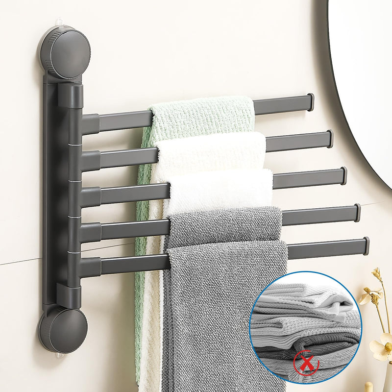 5-Arm Swivel Towel Bar, Zynuhmo Adjustable Suction Cup Bathroom Towel Rack Space Saving Wall Mounted Towel Holder for Laundry Kitchen Bedroom, Swing Out Towel Holder 16.54 Inch(2PSC, Gun-Gray) 2 Pack 5-Arm