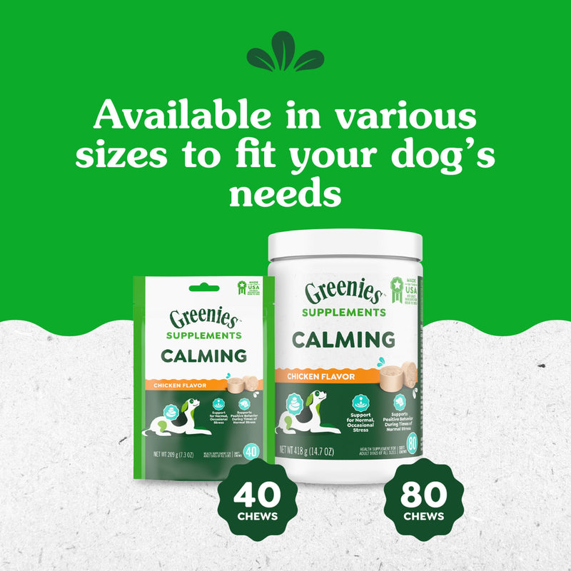 Greenies Supplements Calming Chews for Dogs Chicken Flavor, Dog Calming Chews, 7.3 oz. Container of 40 Count 40 Count (Pack of 1)