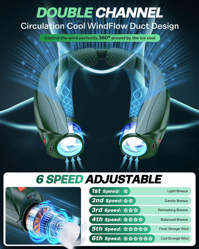 Portable Neck Fan - with LED Book Light, 6-20 Hrs Long Battery, 6-Speed Adjustable, USB-C Rechargeable, Ultra Quiet, Hands-Free Personal Cooling for Men Women Outdoor Indoor Green