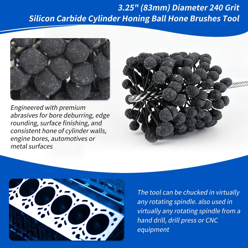 Cylinder Honing Ball Brushes 3.25" (83mm) Diameter 240 Grit Silicon Carbide Compatible with GB41824, Cylinder Honing Deburring Tool for Hydraulic, Pneumatic cylinders, Engine, Brake cylinders 240.0