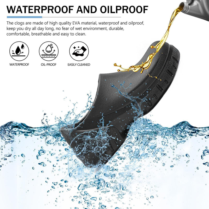 Unisex Non Slip Work Clogs - Slip, Water & Oil Resistant Shoes for Kitchen Chef Nursing Gardening Professionals - Comfortable Waterproof Work Shoes(Men 7.5-11.5/Women 8.5-12.5) 11.5 Wide Women/10.5 Wide Men Black