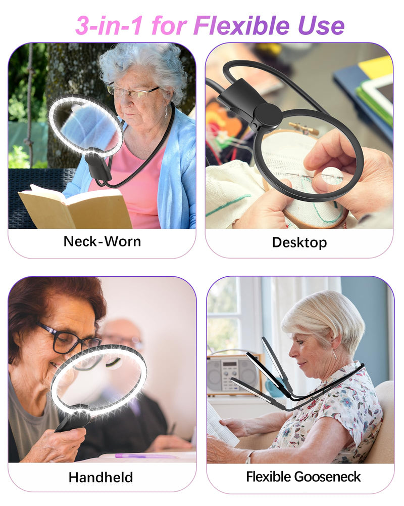 Hands Free Magnifying Glass with Light, 5X 15X Lighted Neck Magnifier for Craft Cross Stitch Needlepoint Needlework Sewing Embroidery Reading, Magnifying Glasses for Close Work, Low Vision Seniors