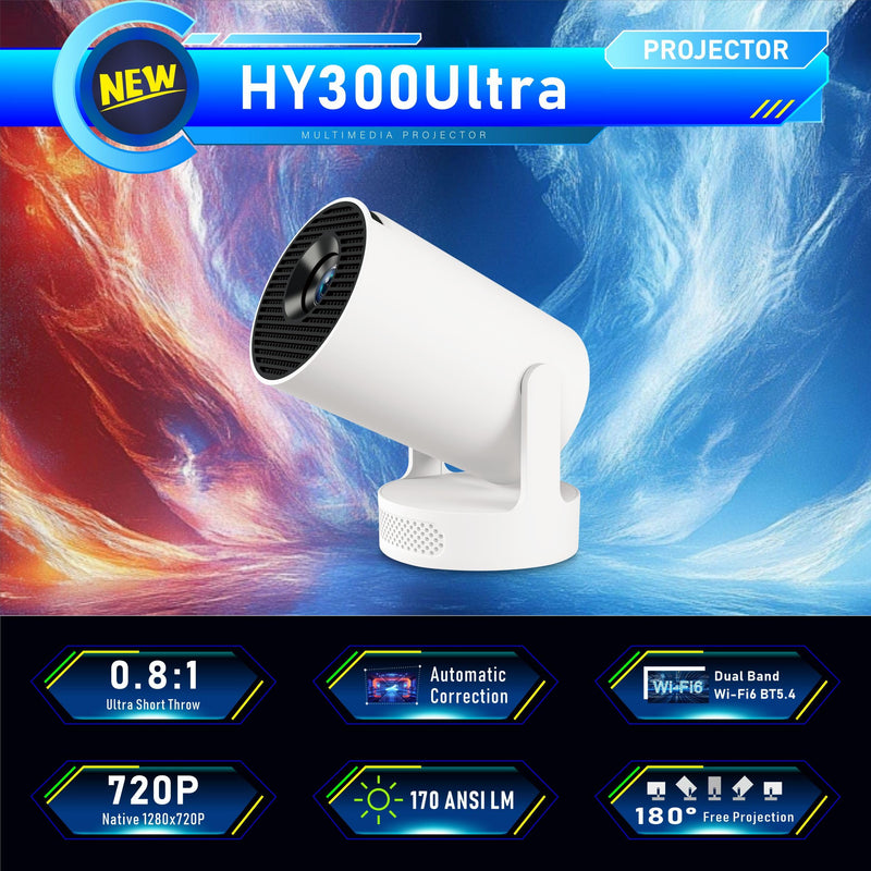 Mini Projector, HY300Ultra Portable Projector with WiFi 6 and Bluetooth 5.4, 4K Support,5W Soundbase Speaker, Android11.0, 180° Rotation, Compatible with TV Stick Smartphone HDMI Manual Focus