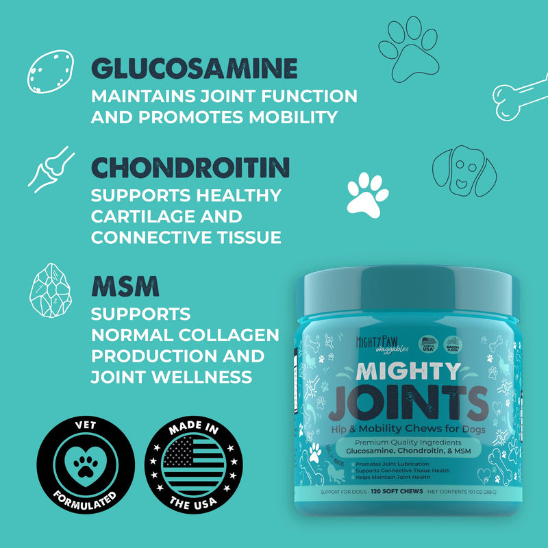 Mighty Paw Waggables Joint Support Supplement for Dogs (Made in USA) | Glucosamine for Dogs Hip and Joint Supplement. Vet Formulated Pet Mobility, Chondriotin & MSM Pet Chews (120 Ct) - PawsPlanet Australia