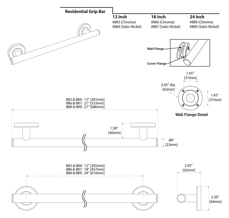 Gatco 889 Latitude II 24" Grip Bar, Satin Nickel / Wall Mounted Slim Grip Bar for Bathroom 24 Inch
