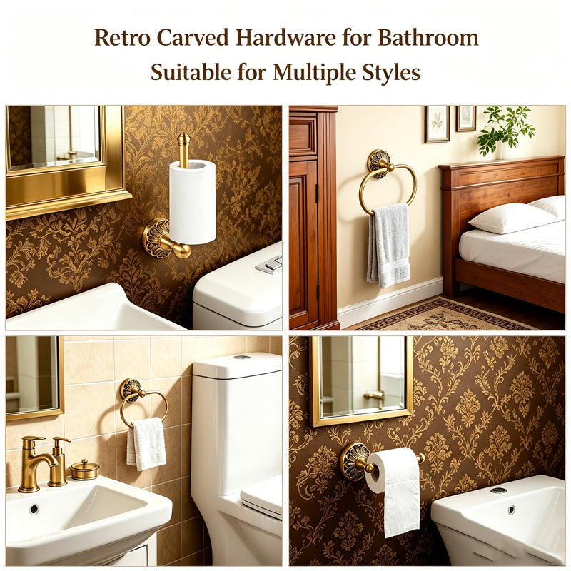 Antique Brass Toilet Paper Holder with Hand Towel Ring Set, 2PCS Wall Mounted Vintage Bathroom Hardware, Retro Tissue Roll Holder and 180° Rotating Towel Bar for Bathroom Kitchen (Rectangle)