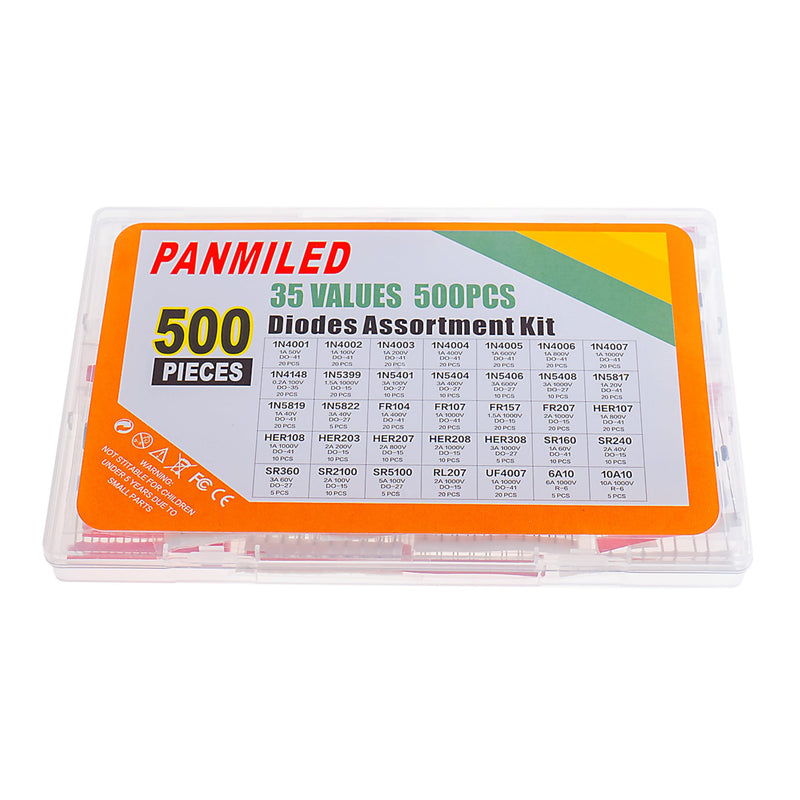 35 Values 500 Pcs Rectifier Schottky Diode Kit 1N4001 1N4002 1N4003 1N4004 1N4005 1N4006 1N4007 1N4148 1N5401 1N5404 1N5408 1N5817 1N5819 FR107 FR207 HER107 HER207 SR160 SR360 SR2100 SR5100 6A10 10A10