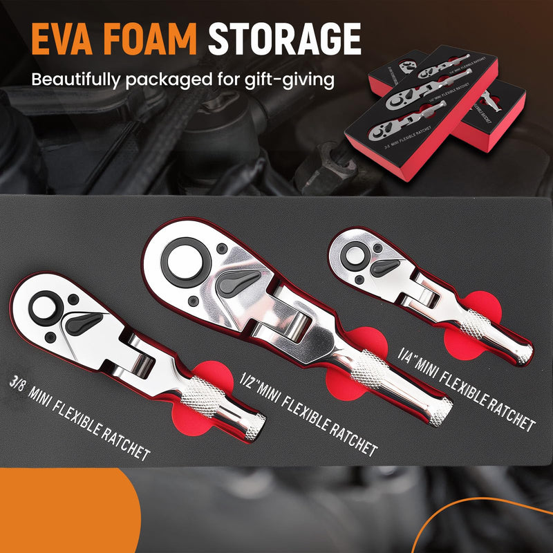 maXpeedingrods 3PCS Stubby Ratchet Set, Flex-Head Stubby Ratchet Wrench Set, 1/4", 3/8", 1/2" Drive Flexible Small Ratchet, 72-Tooth Reversible 1/4 Ratchet for Car & Home Repair, DIY, Mechanic Tool