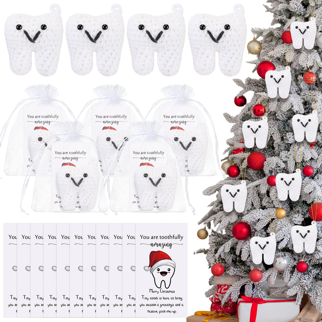 Syhood 10 Sets Christmas Dental Appreciation Gifts Dentist Funny Tooth Shape Ornament Bulk with Encourage Affirmation Card Organza Bag for Dental Nurses Dental Assistants Hygienist Office