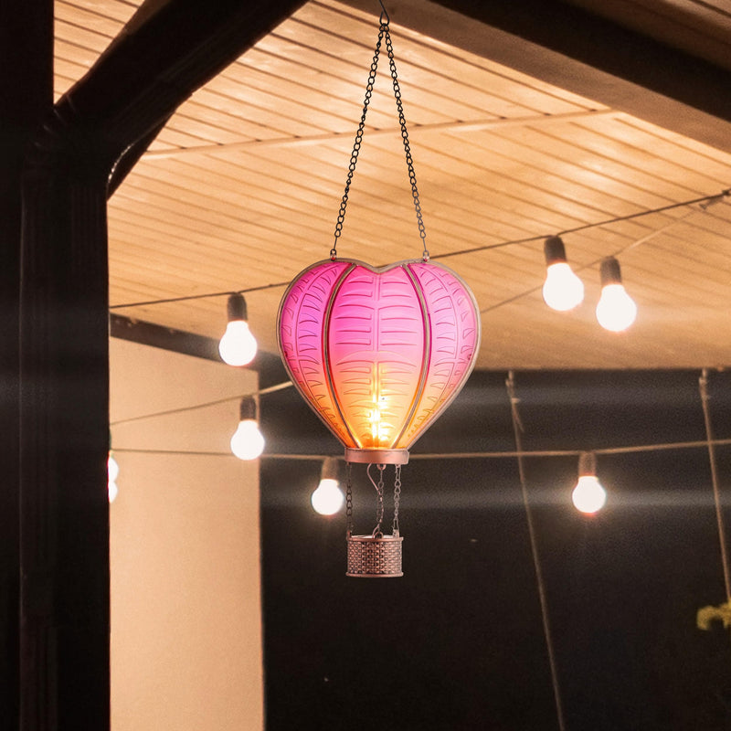 TERESA'S COLLECTIONS Valentine's Day Christmas Party Decorations, Hot Air Balloon Solar Lantern for Garden , Flickering Flame Hanging Solar Lights,Heart Shape Lantern for Anniversary Wedding Decor Pink