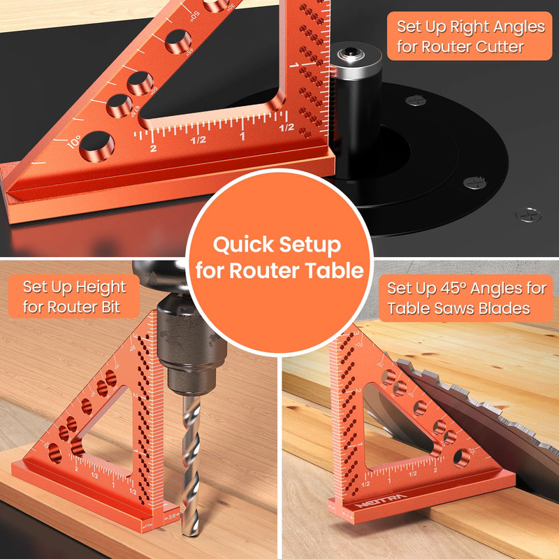 Neitra Small Square Ruler with Fixed Angle Pin, Accurate Compact Aluminum Alloy Mini Squares with Laser Etched Markings, Includes a Mechanical Pencil for Carpenter Woodworking Furniture Projects Orange 3.5 Inch