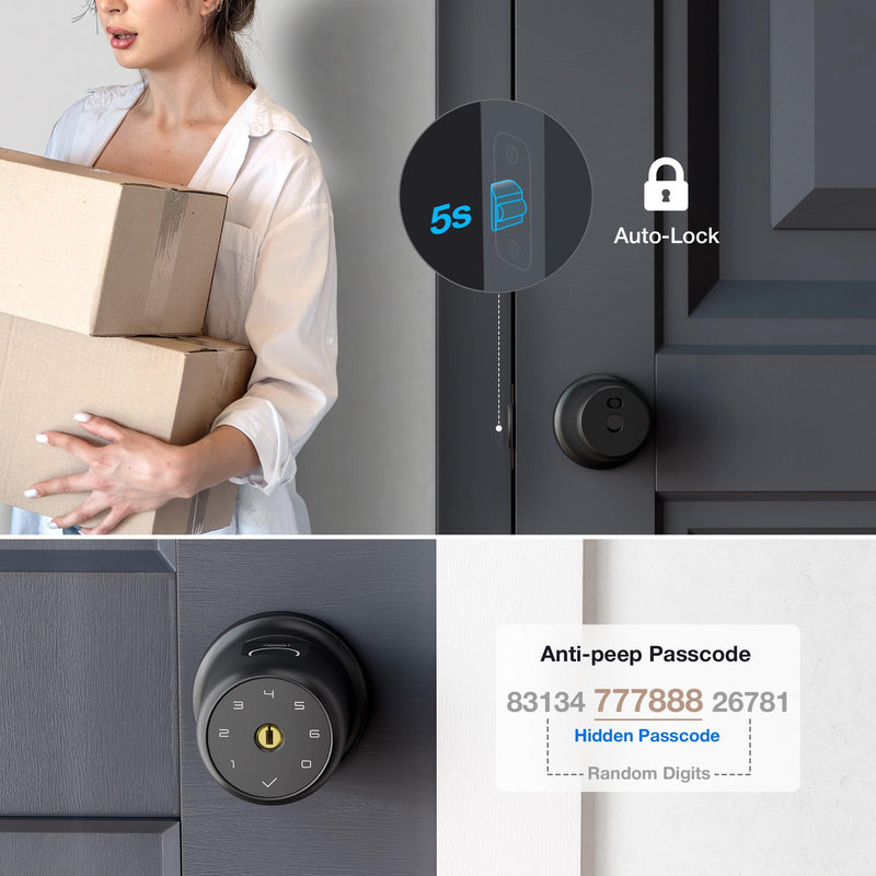 Fingerprint Door Knob Lock with Keypad Biometric Door Knob Auto-Lock 4* AAA Alkaline Batteries Interior Door Lock for Bedroom, Garage, Office, Pantry Door G1 Black