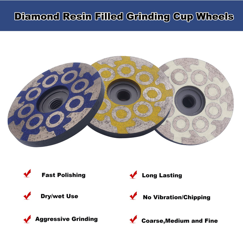 Fine Grit 4 Inch Diamond Resin Filled Grinding Wheel for Granite Marble Engineered Stone Quartz and Tile 16 Segmented Diamond Resin Grinding Cup Wheel with 5/8"-11 Thread Fine