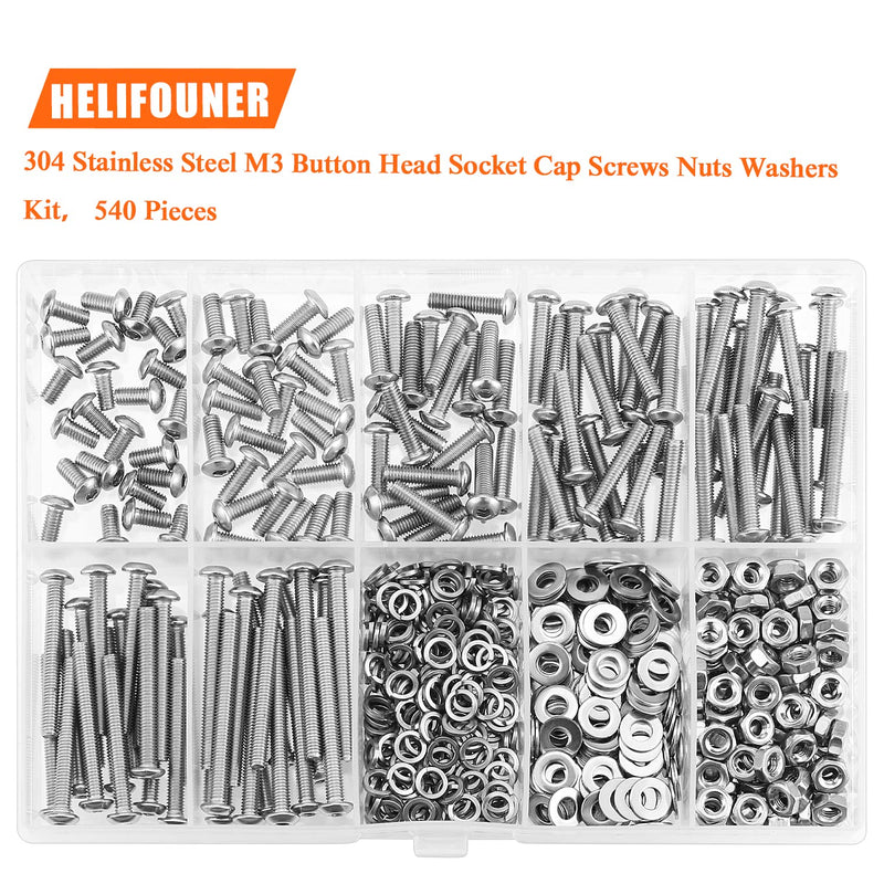540 Pieces M3 x 6mm /8mm /12mm /16mm /20mm /25mm /30mm, Button Head Socket Cap Screws Bolts Washers Nuts Kit, 304 Stainless Steel Button Head Screws
