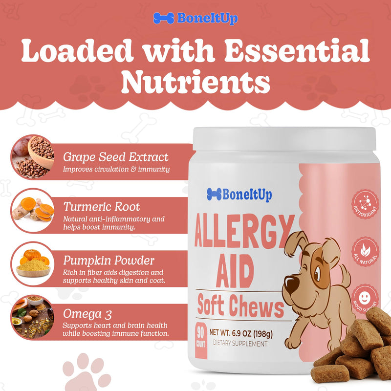 BoneItUp Soft Dog Allergy Chews for Itching, Sneezing, Paw Licking, Seasonal Allergies - Essential Omega-3, Turmeric & Quercetin for Dogs Allergies - Daily Immune & Digestive Dog Allergy Treats (90ct) Allergy Aid