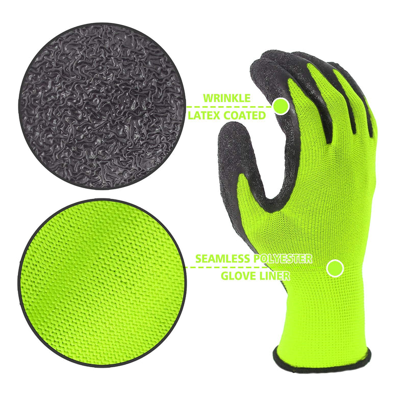 Evridwear Crinkle Latex Rubber Hand Coated Safety Work Gloves for Men Women General Multi Use Construction Warehouse Gardening Assembly Landscaping (9/L, Green- 12Pair) Large (Pack of 12)