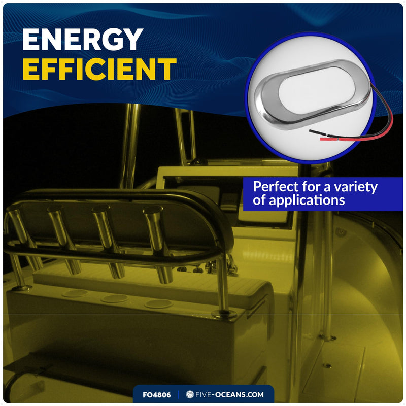 Five Oceans Ultra-Flat LED Boat Courtesy Lights, Warm White, Oculus Style | 12V DC, 3-1/8 x 1-7/16 x 3/16 inch, IP67 Waterproof, Stainless Steel Ring, For Boats Pontoon RVs, FO4806 Warm White LEDs