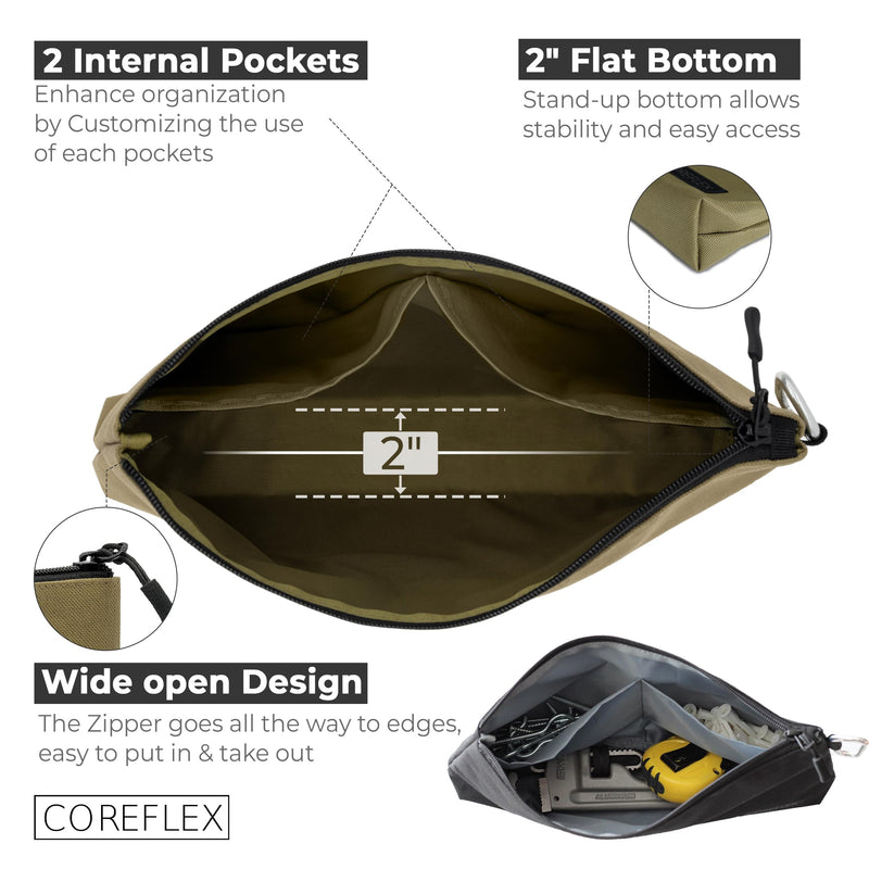 COREFLEX Premium Tool Pouch Zipper Bag, Small Tool Bag, Multipurpose Storage pouch, Heavy duty Flat Bottom Tool bag with YKK Zipper (6 pack Large 12inch) 6 pack Large 12inch